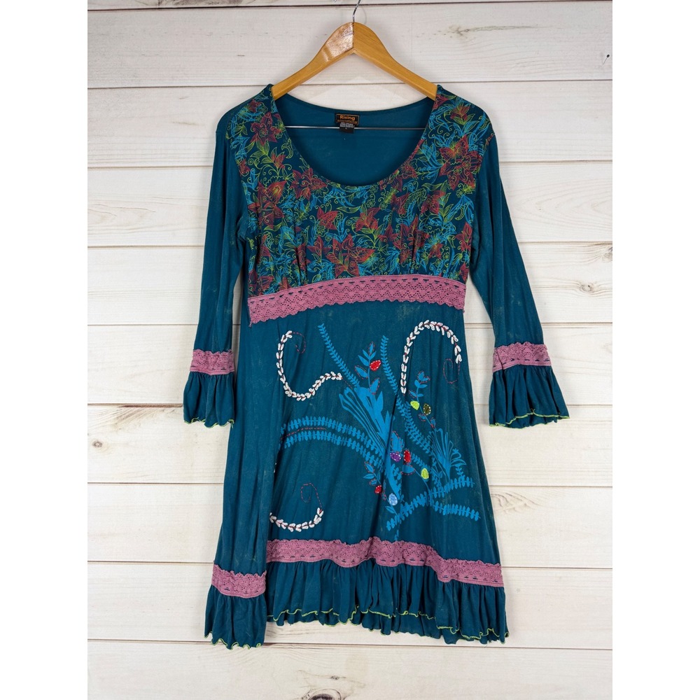 Rising International Dress Large Teal Floral Embroidered Bell Sleeve Tunic Boho